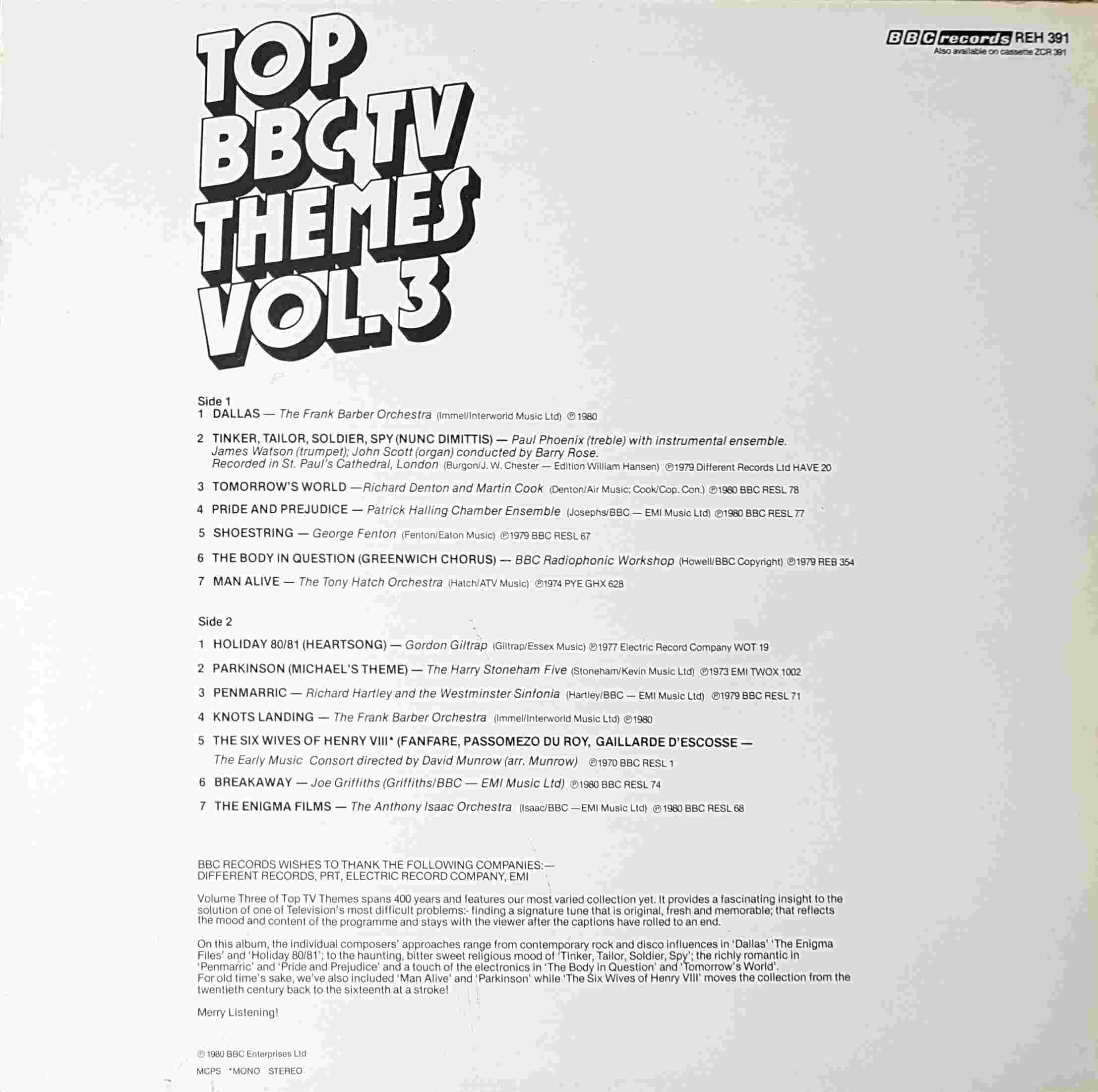 Picture of REH 391 Top BBC TV themes - Volume 3 by artist Various from the BBC records and Tapes library